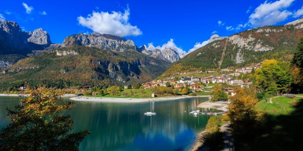 Aerial view of Molveno, Dolomites, Town in South Tyrol